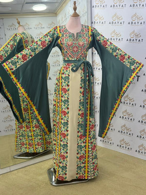 Garden Bloom Palestinian Thobe – Emerald Green & Cream