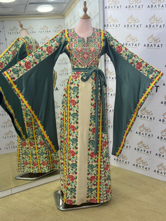 Garden Bloom Palestinian Thobe – Emerald Green & Cream