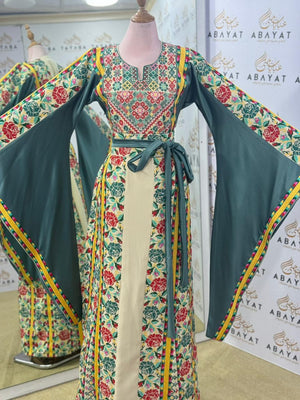 Garden Bloom Palestinian Thobe – Emerald Green & Cream