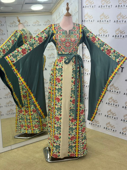 Garden Bloom Palestinian Thobe – Emerald Green & Cream