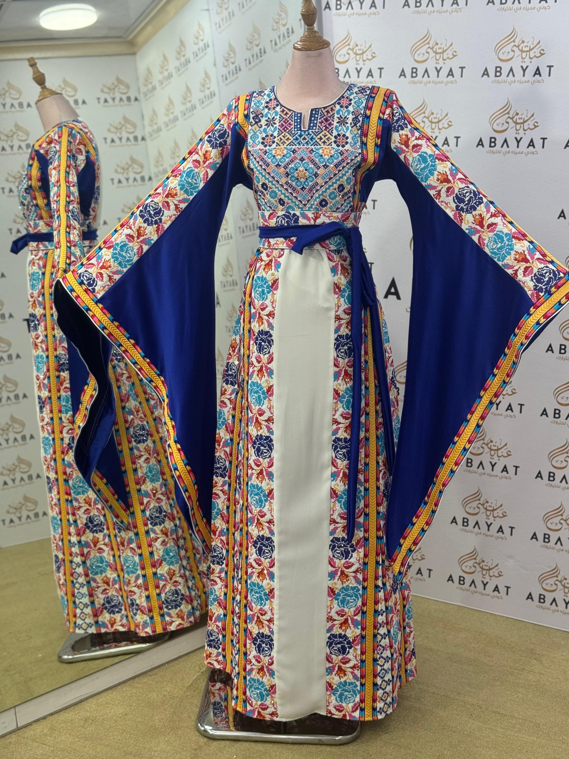 Sapphire Garden Palestinian Thobe – Royal Blue & White
