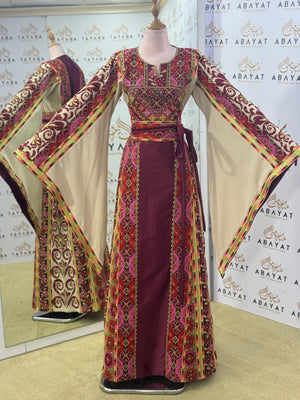 Elegant Heritage Palestinian Thobe – Burgundy/Beige