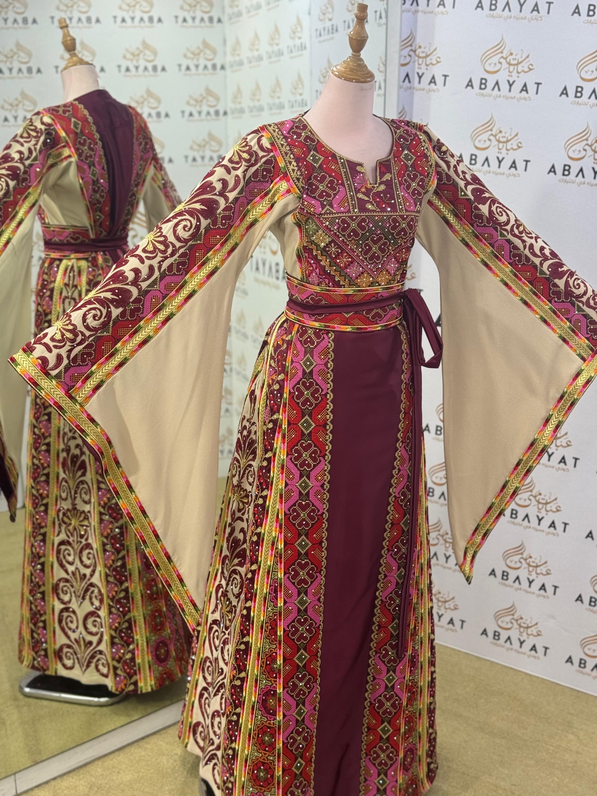 Elegant Heritage Palestinian Thobe – Burgundy/Beige