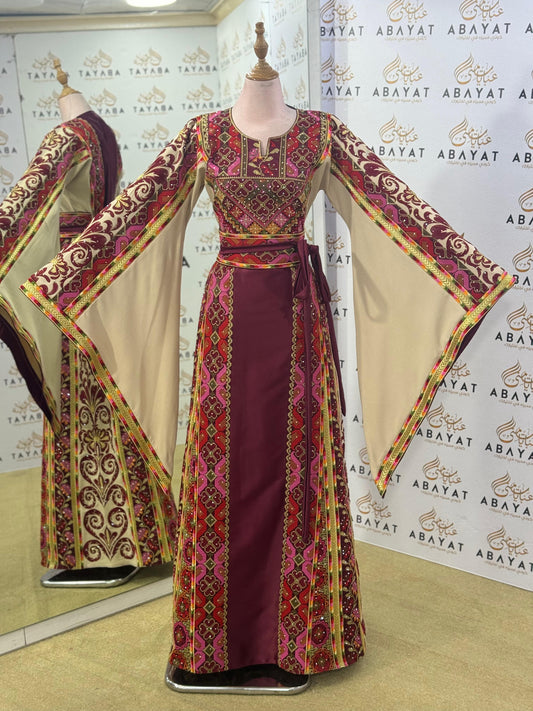 Elegant Heritage Palestinian Thobe – Burgundy/Beige
