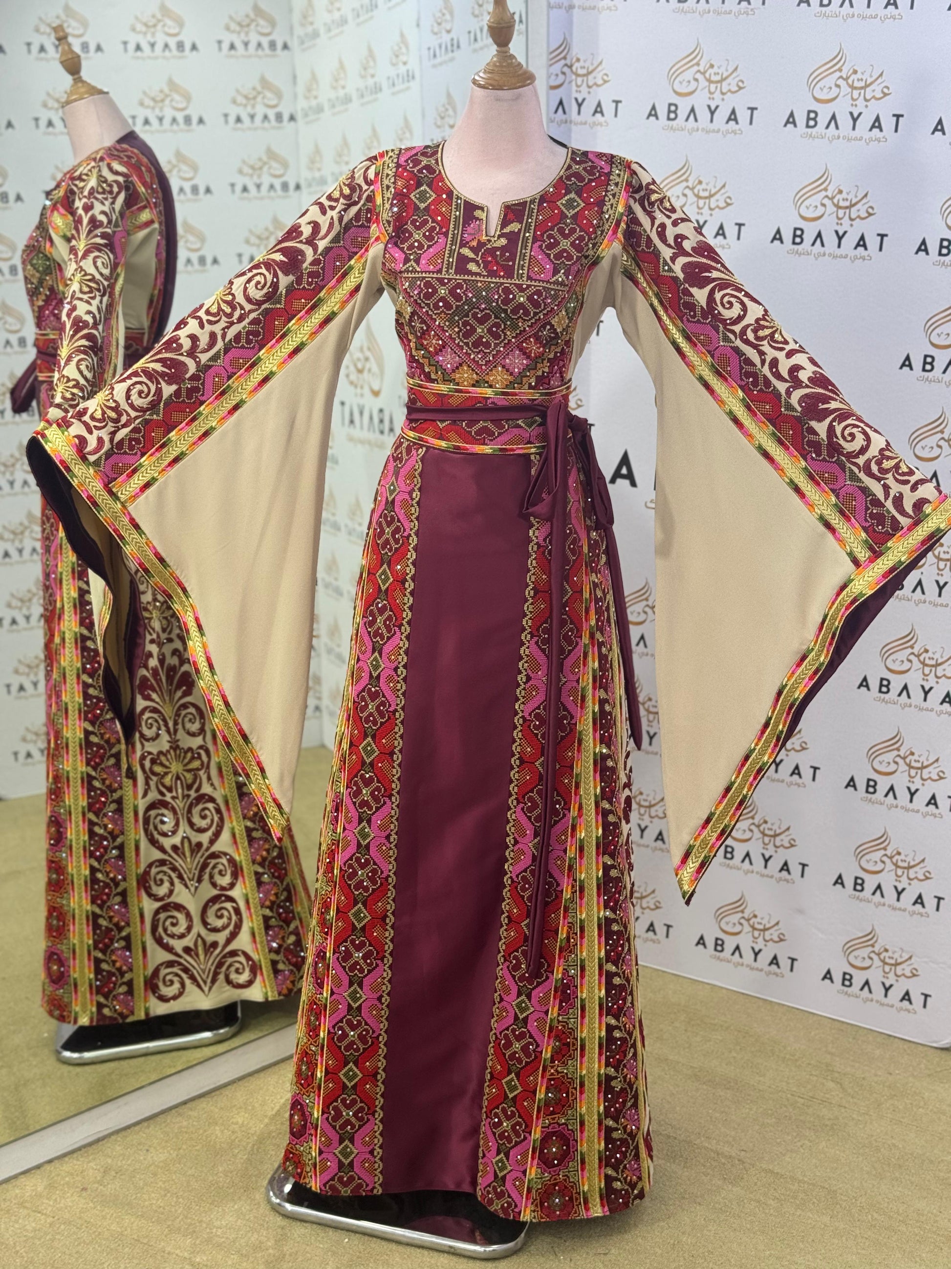 Elegant Heritage Palestinian Thobe – Burgundy/Beige