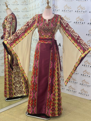 Elegant Heritage Palestinian Thobe – Burgundy/Beige