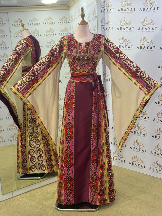 Elegant Heritage Palestinian Thobe – Burgundy/Beige
