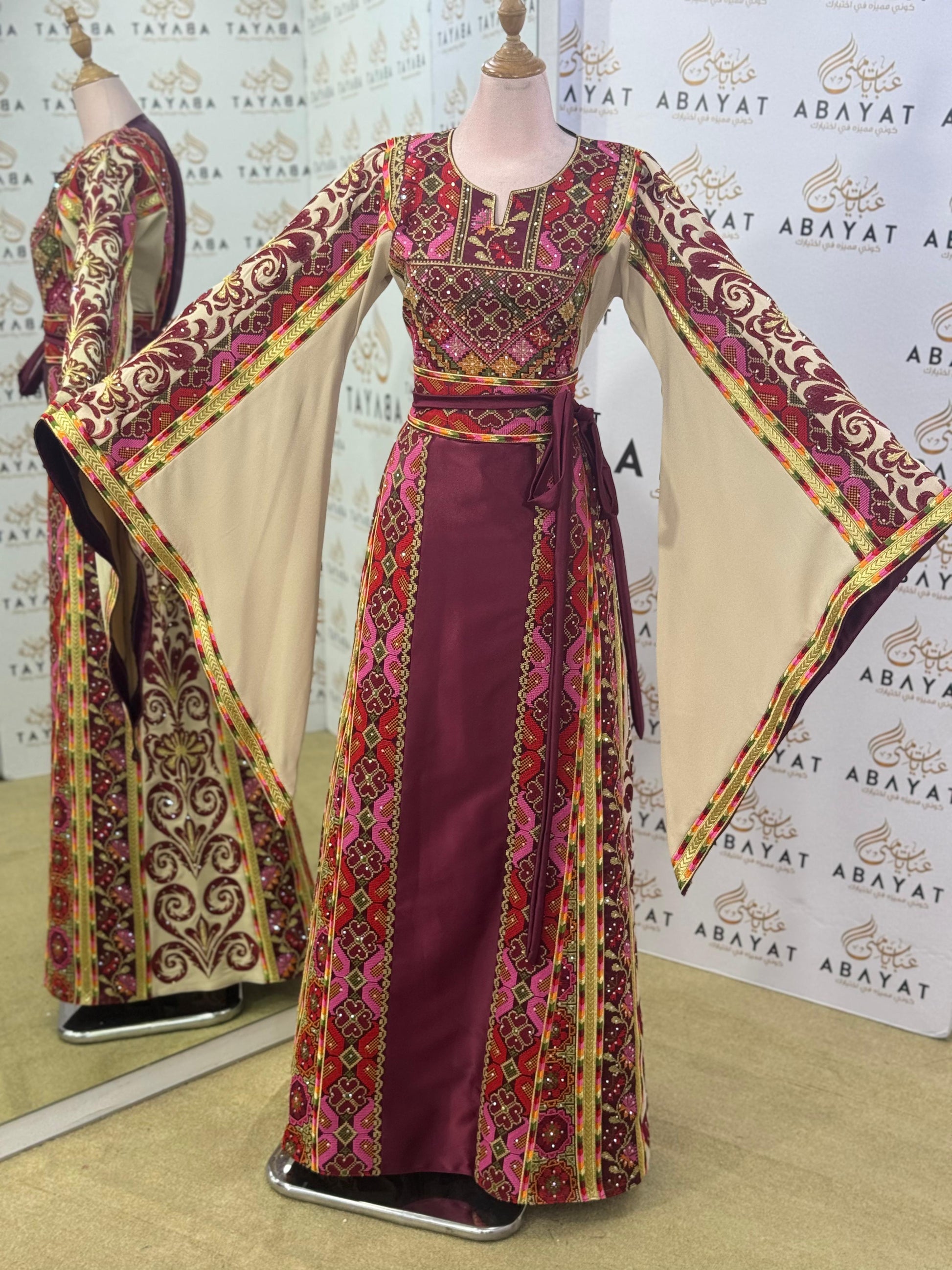 Elegant Heritage Palestinian Thobe – Burgundy/Beige