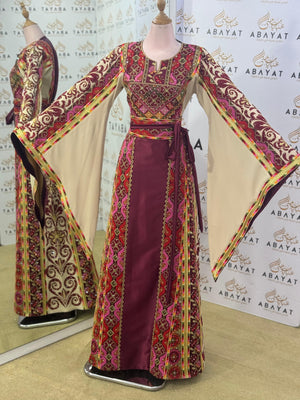 Elegant Heritage Palestinian Thobe – Burgundy/Beige
