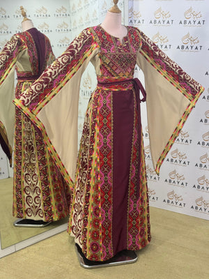 Elegant Heritage Palestinian Thobe – Burgundy/Beige