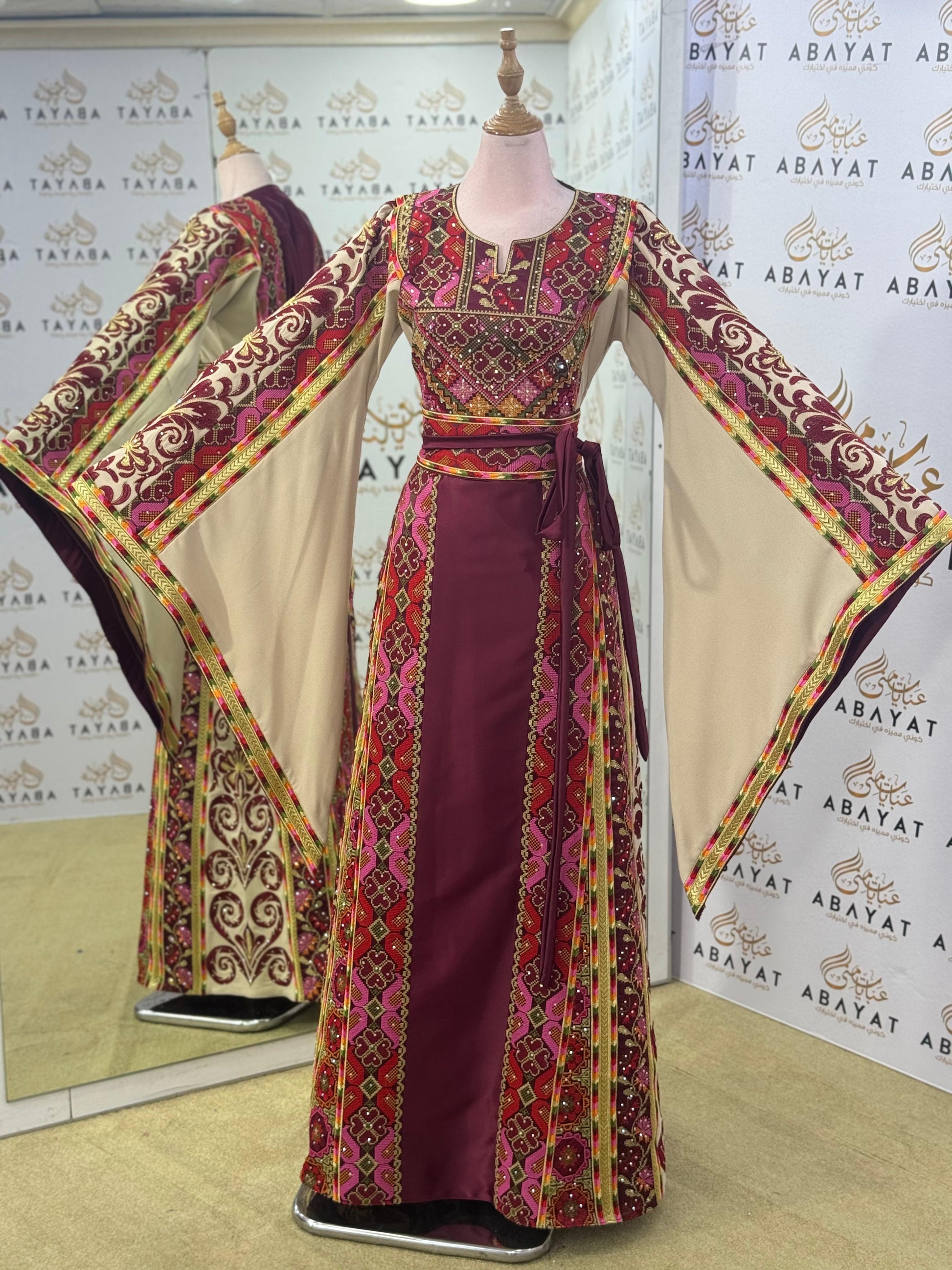 Elegant Heritage Palestinian Thobe – Burgundy/Beige