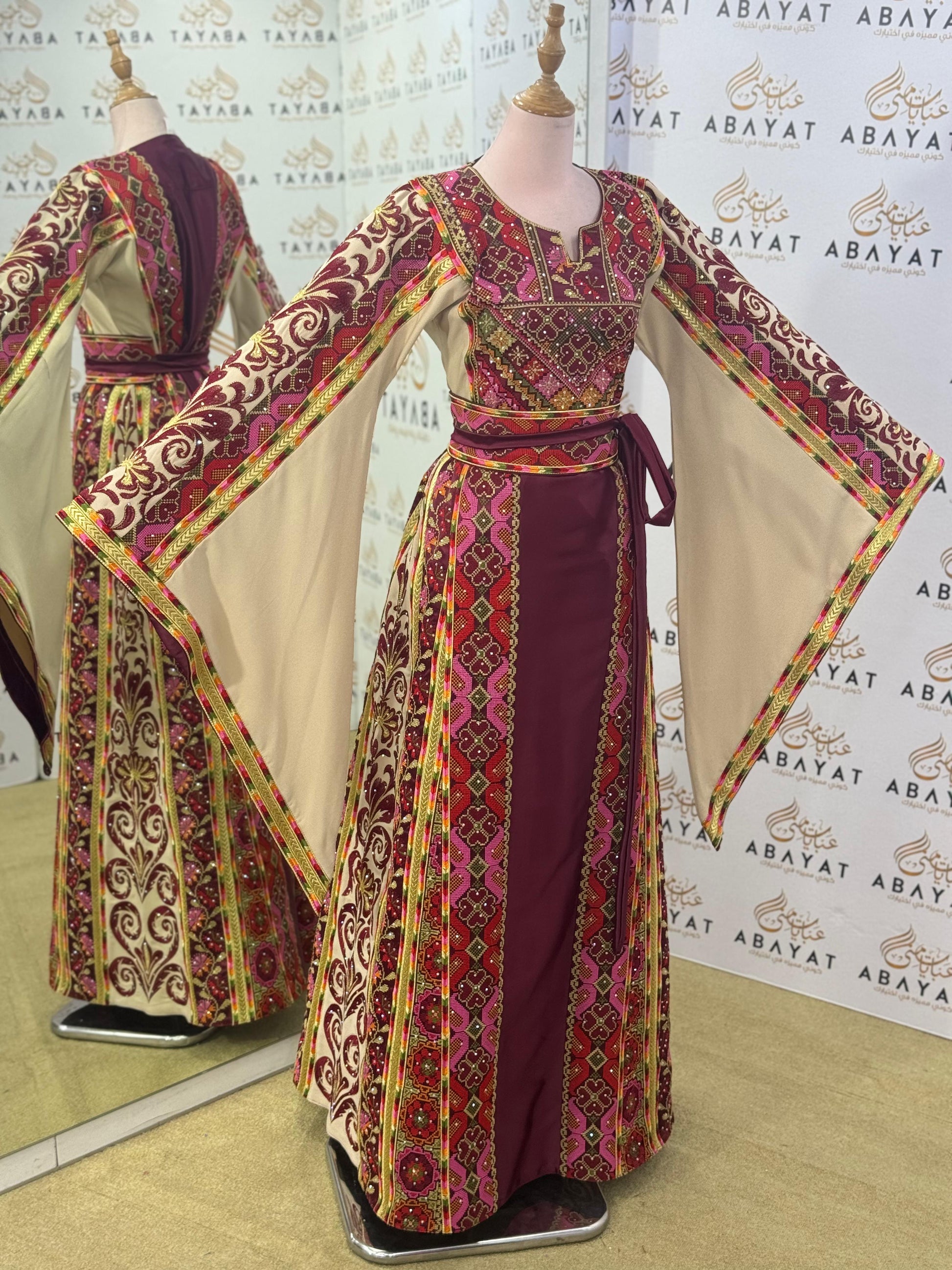 Elegant Heritage Palestinian Thobe – Burgundy/Beige