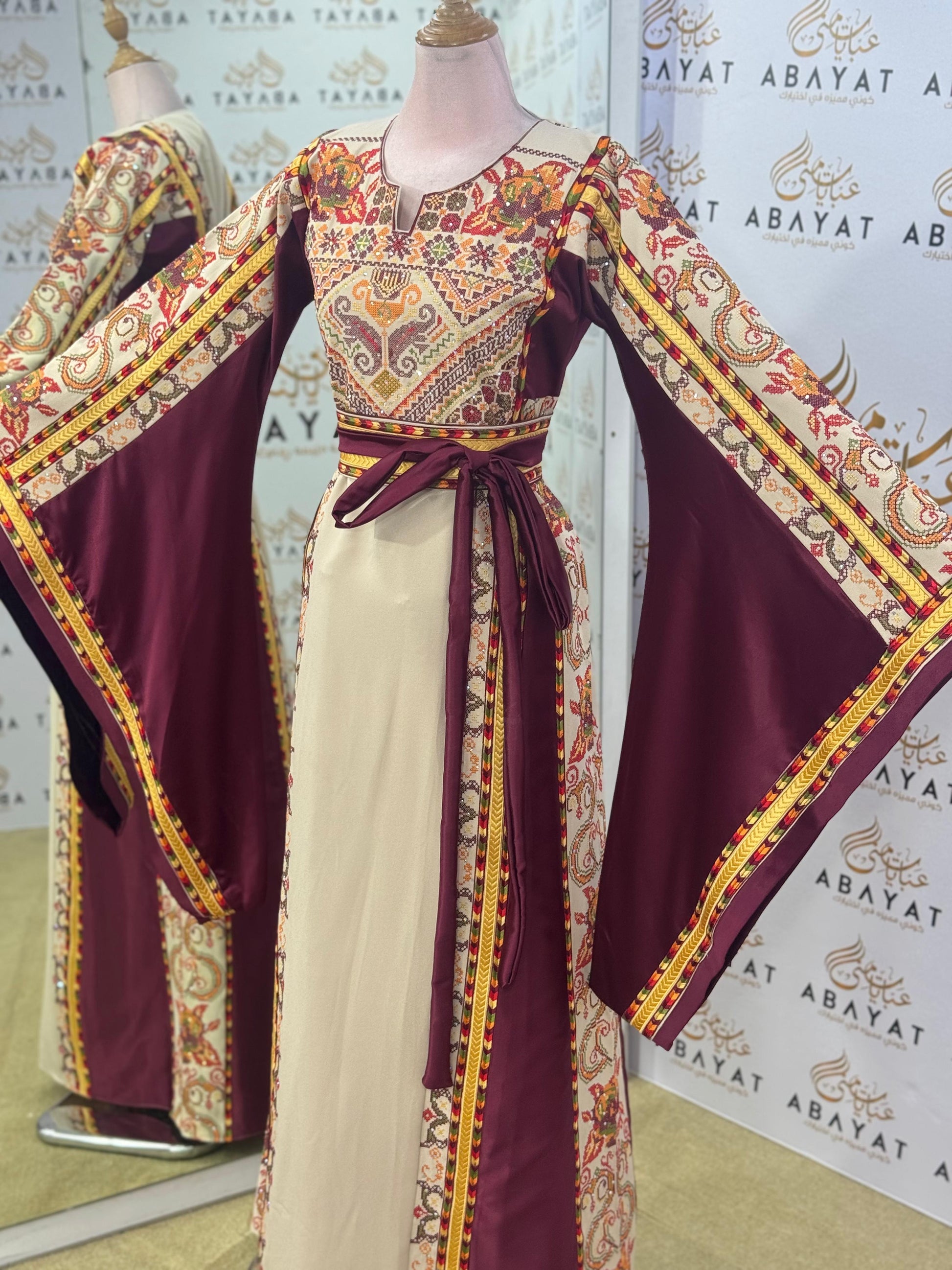 Desert Bloom Palestinian Thobe – Maroon & Sand