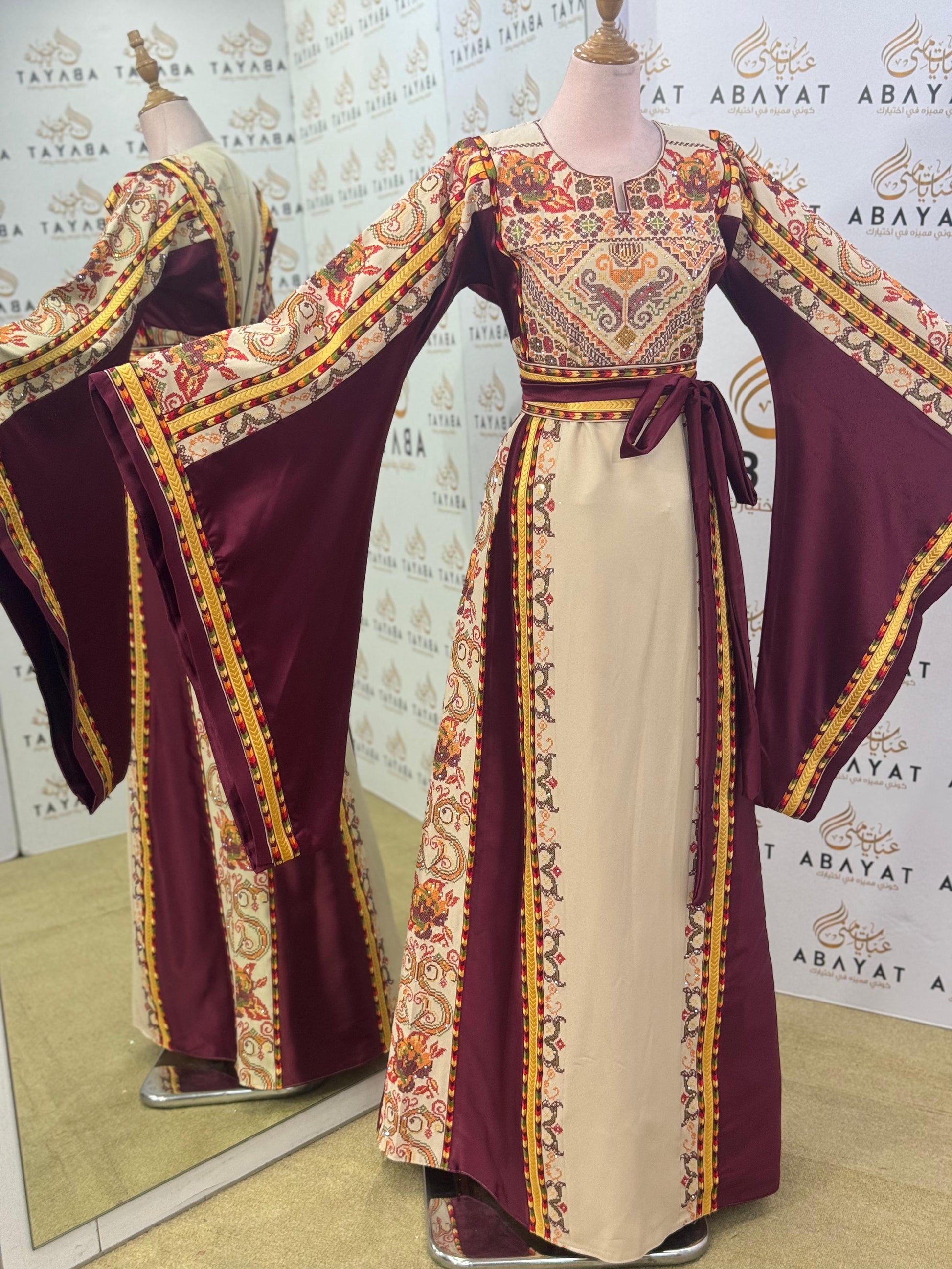 Desert Bloom Palestinian Thobe – Maroon & Sand