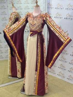 Desert Bloom Palestinian Thobe – Maroon & Sand
