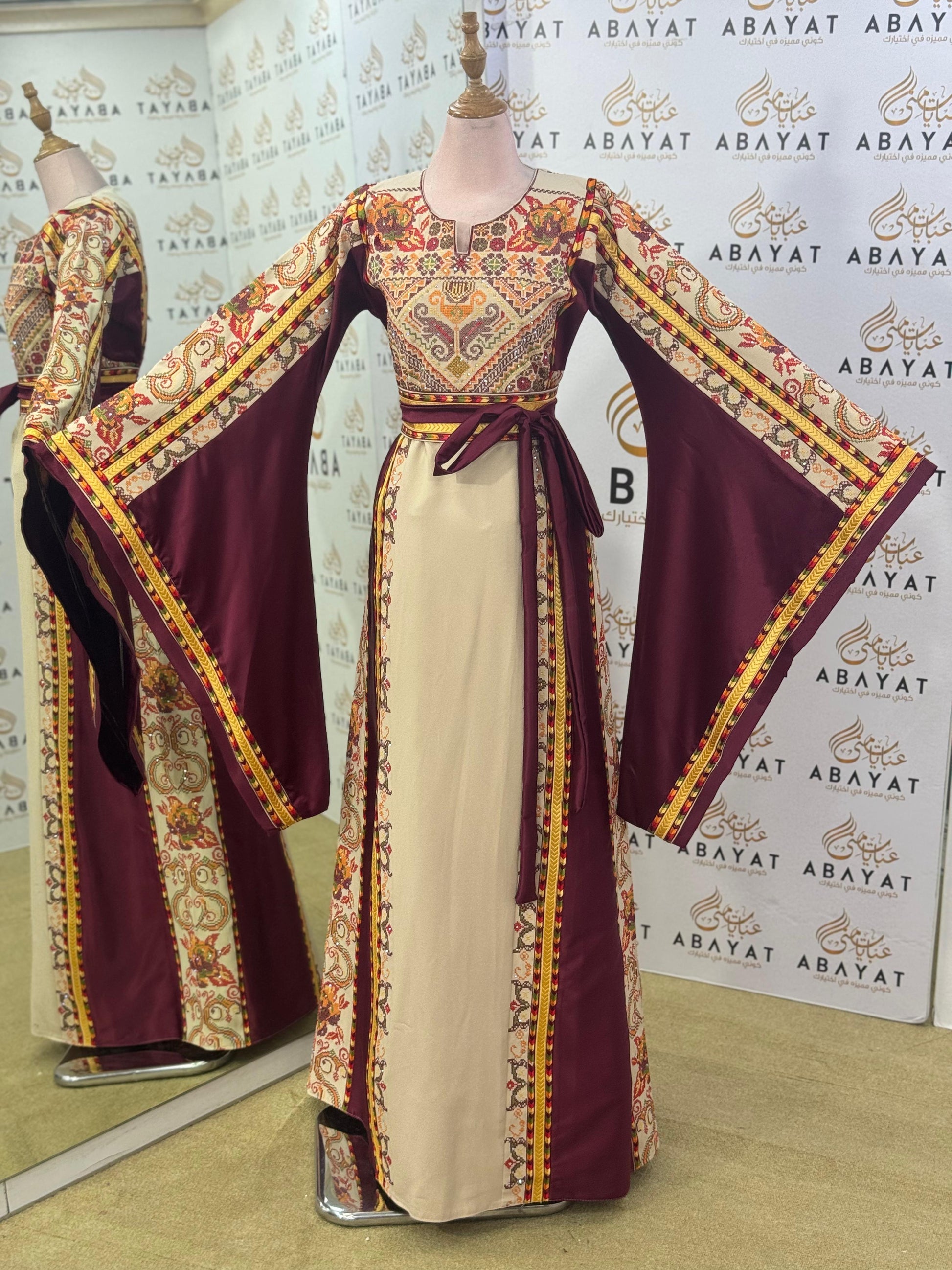 Desert Bloom Palestinian Thobe – Maroon & Sand