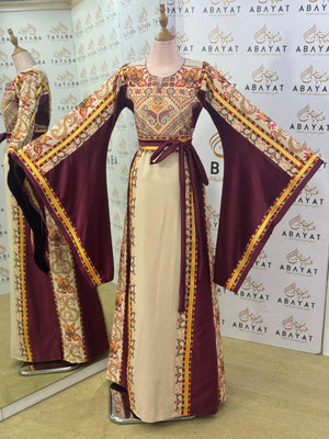 Desert Bloom Palestinian Thobe – Maroon & Sand