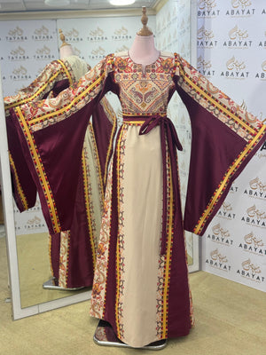 Desert Bloom Palestinian Thobe – Maroon & Sand