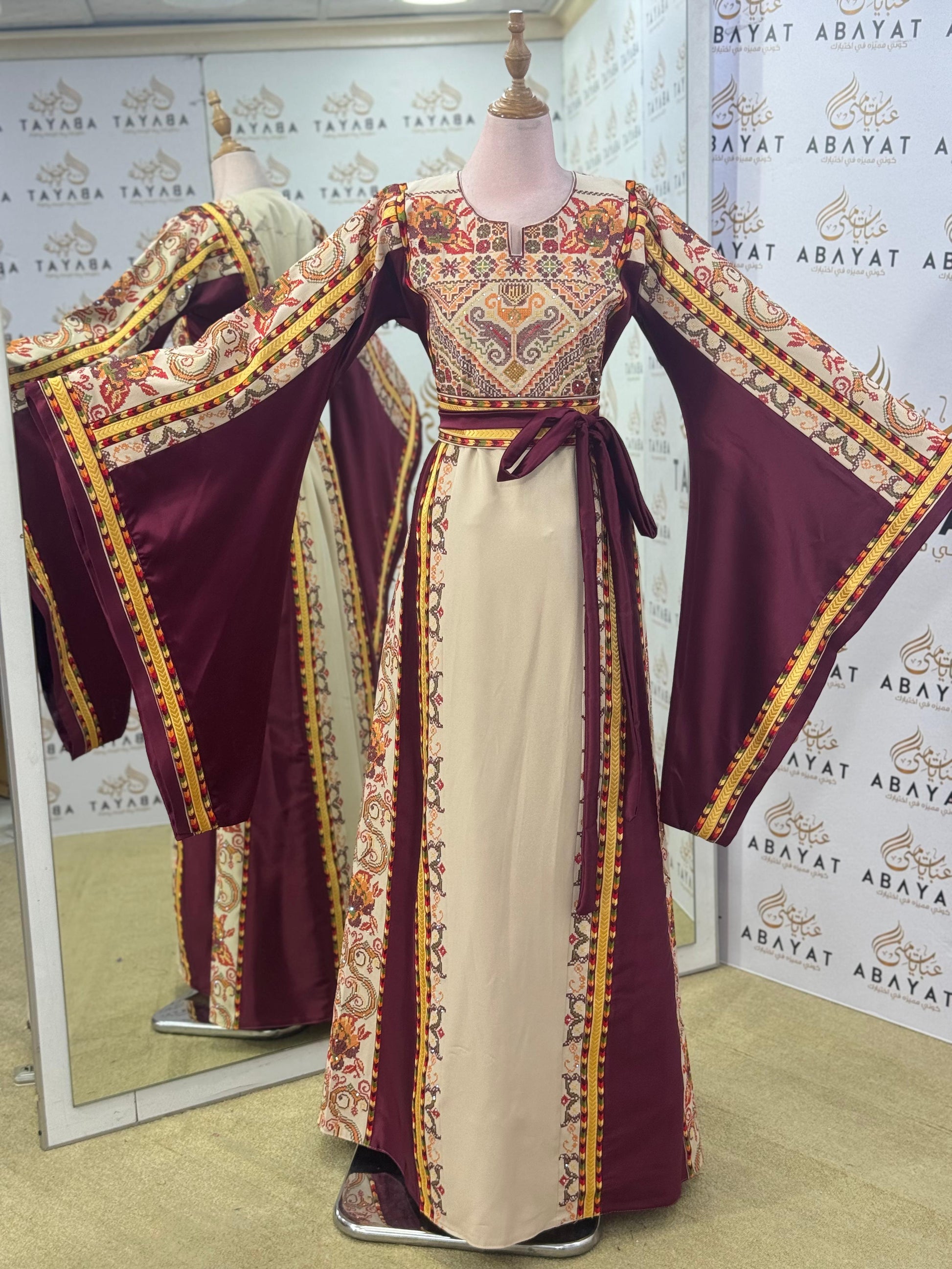 Desert Bloom Palestinian Thobe – Maroon & Sand