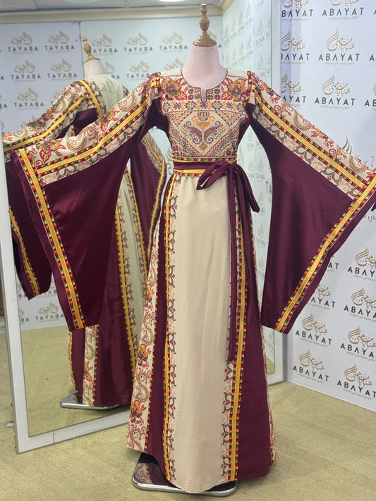 Desert Bloom Palestinian Thobe – Maroon & Sand