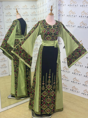 Elegant Palestinian Embroidered Thobe – Olive & Black