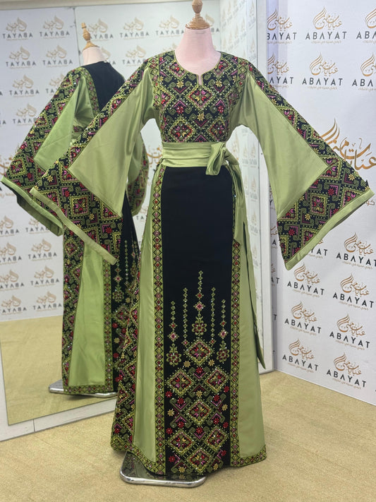 Elegant Palestinian Embroidered Thobe – Olive & Black