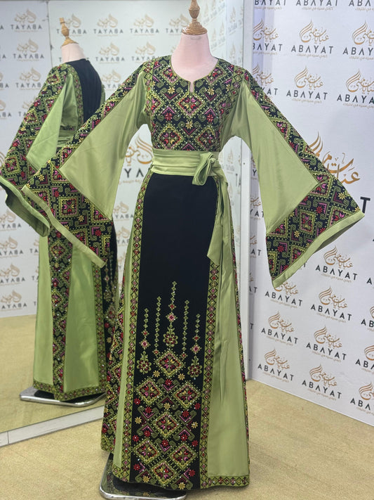 Elegant Palestinian Embroidered Thobe – Olive & Black