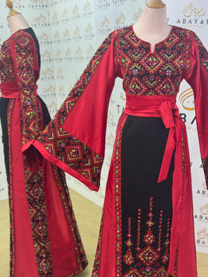 Elegant Palestinian Embroidered Thobe – Ruby/Black