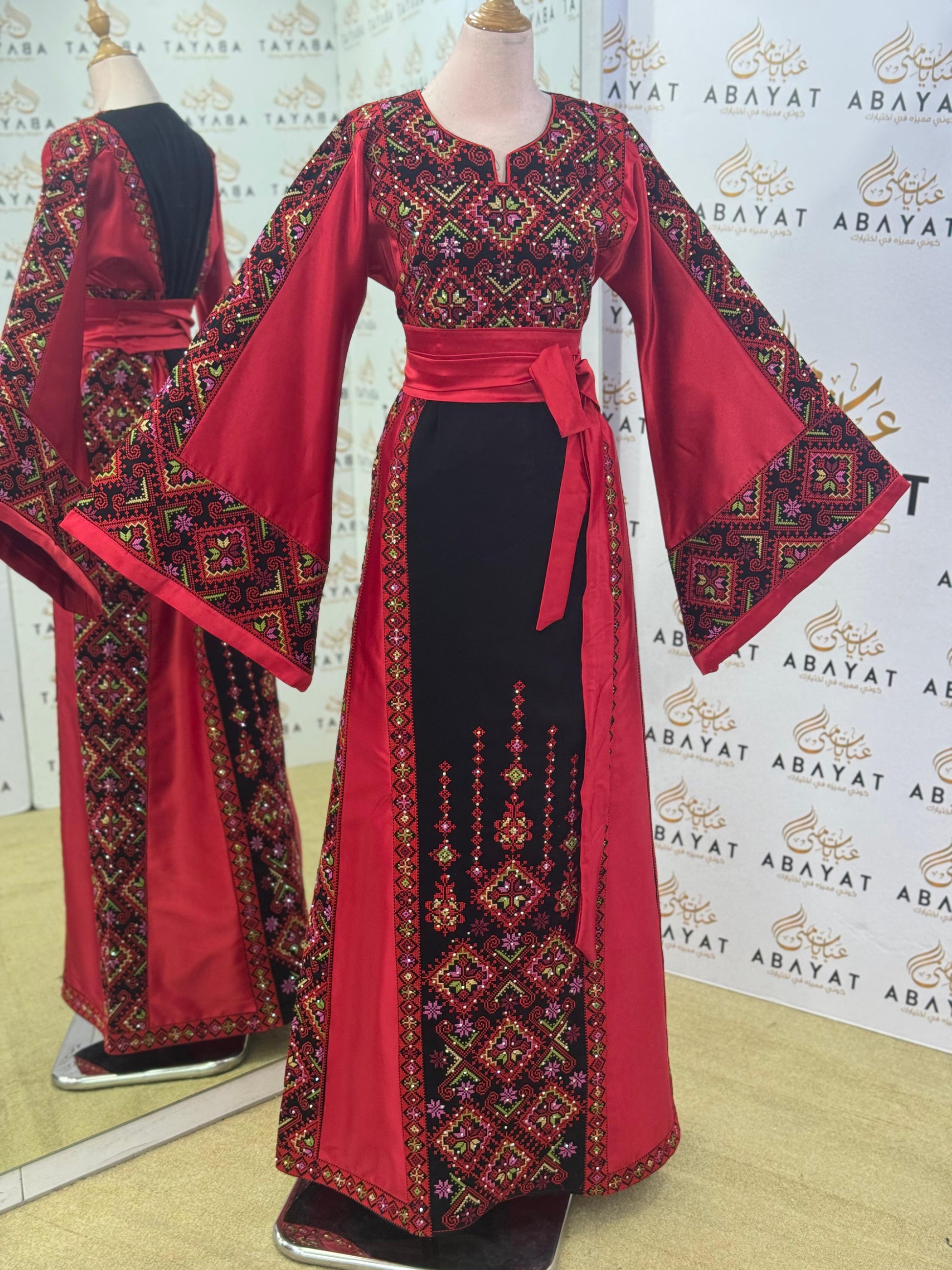 Elegant Palestinian Embroidered Thobe – Ruby/Black