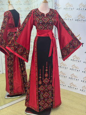 Elegant Palestinian Embroidered Thobe – Ruby/Black