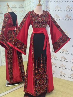Elegant Palestinian Embroidered Thobe – Ruby/Black