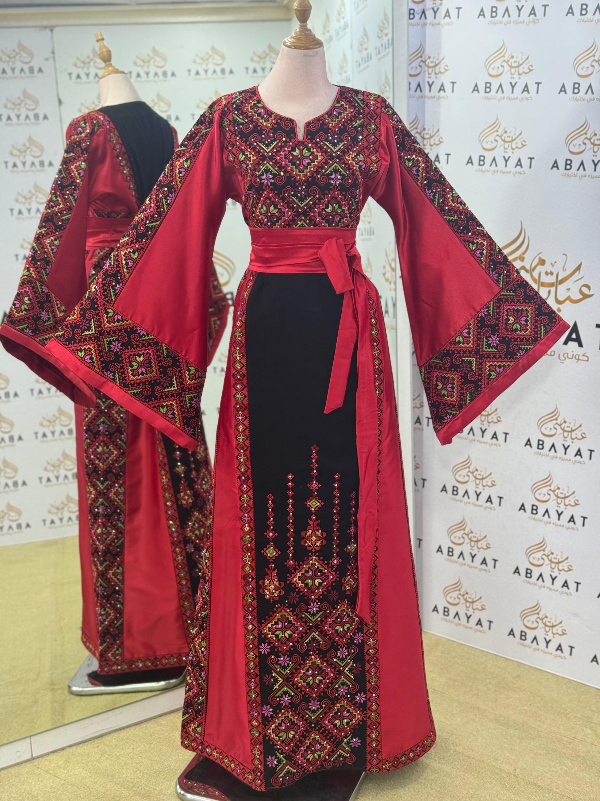 Elegant Palestinian Embroidered Thobe – Ruby/Black