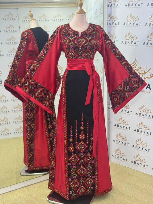 Elegant Palestinian Embroidered Thobe – Ruby/Black