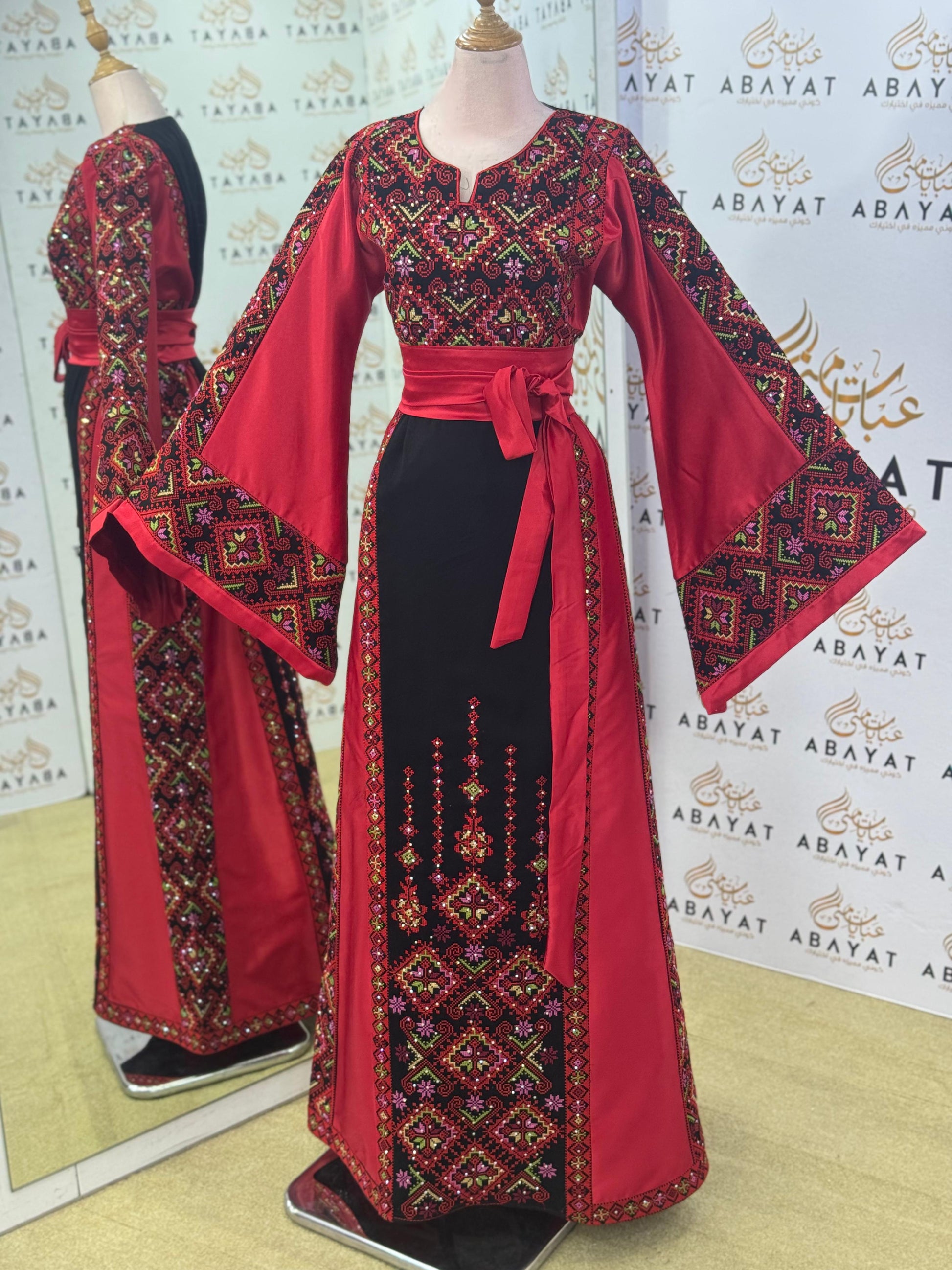 Elegant Palestinian Embroidered Thobe – Ruby/Black