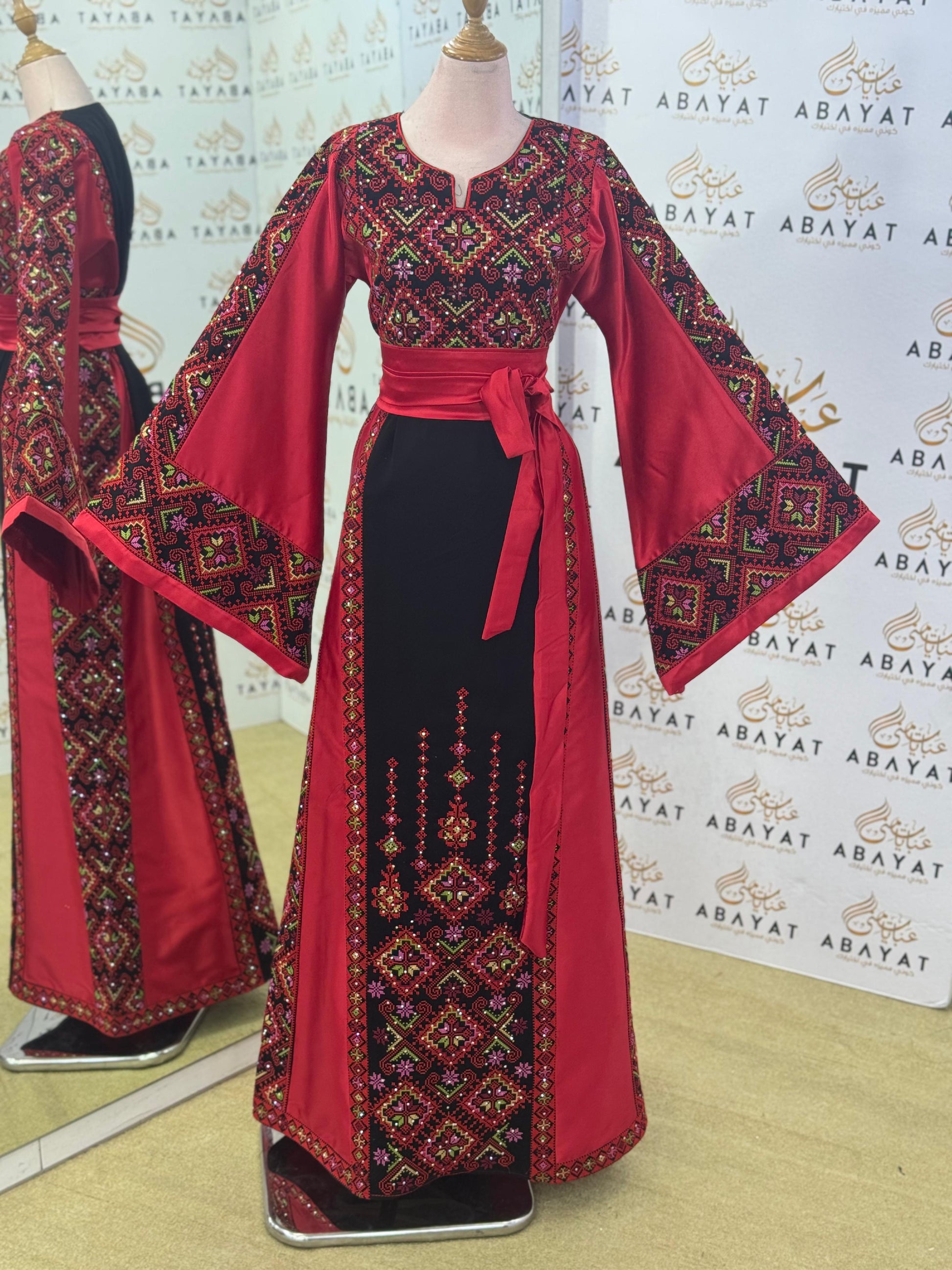 Elegant Palestinian Embroidered Thobe – Ruby/Black