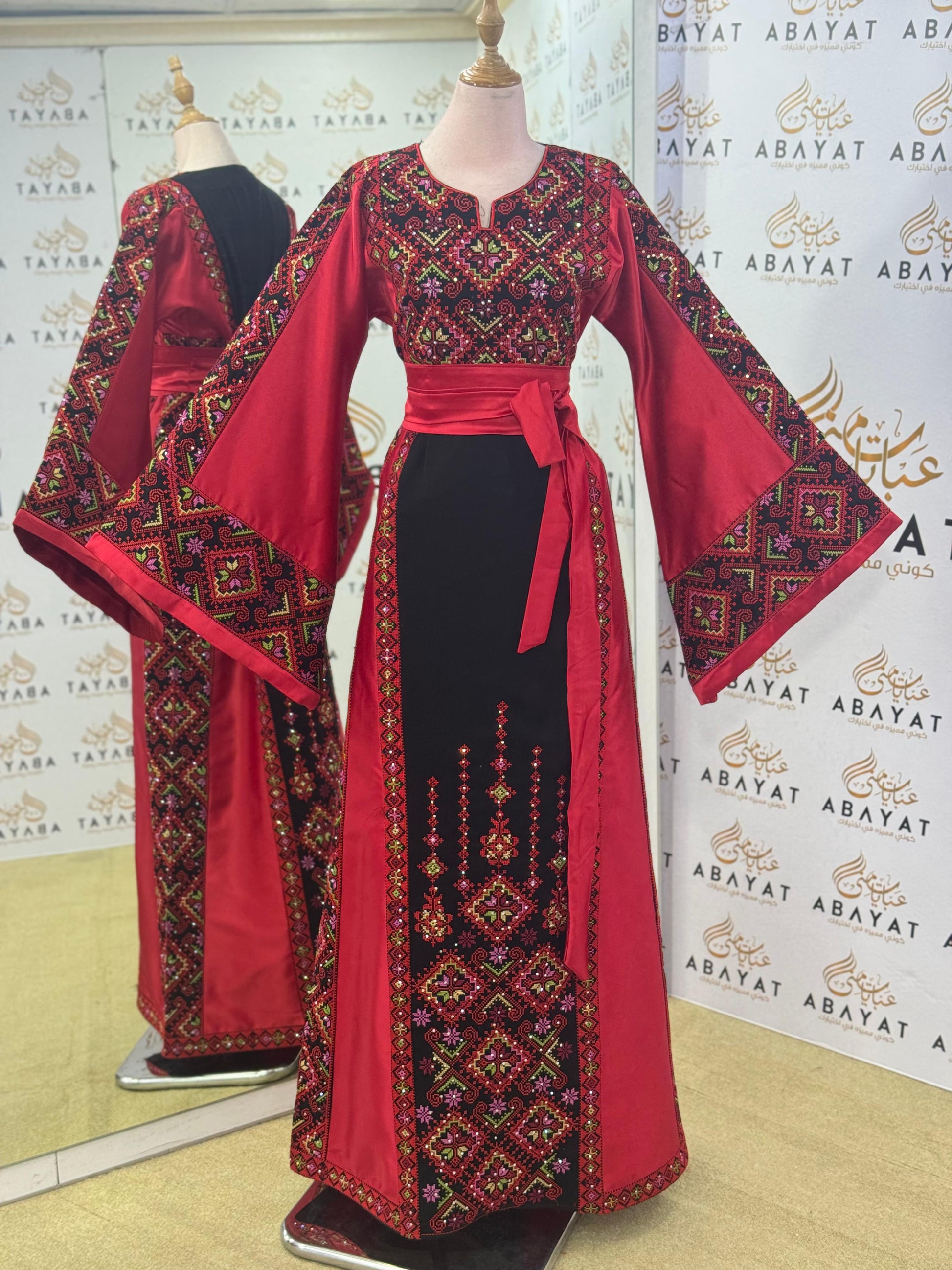 Elegant Palestinian Embroidered Thobe – Ruby/Black