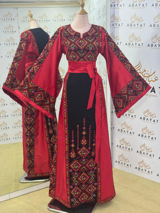 Elegant Palestinian Embroidered Thobe – Ruby/Black