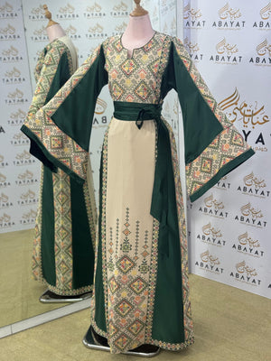 Emerald Heritage Palestinian Thobe – Forest Green & Cream