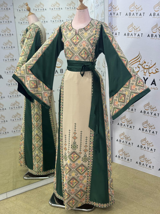 Emerald Heritage Palestinian Thobe – Forest Green & Cream