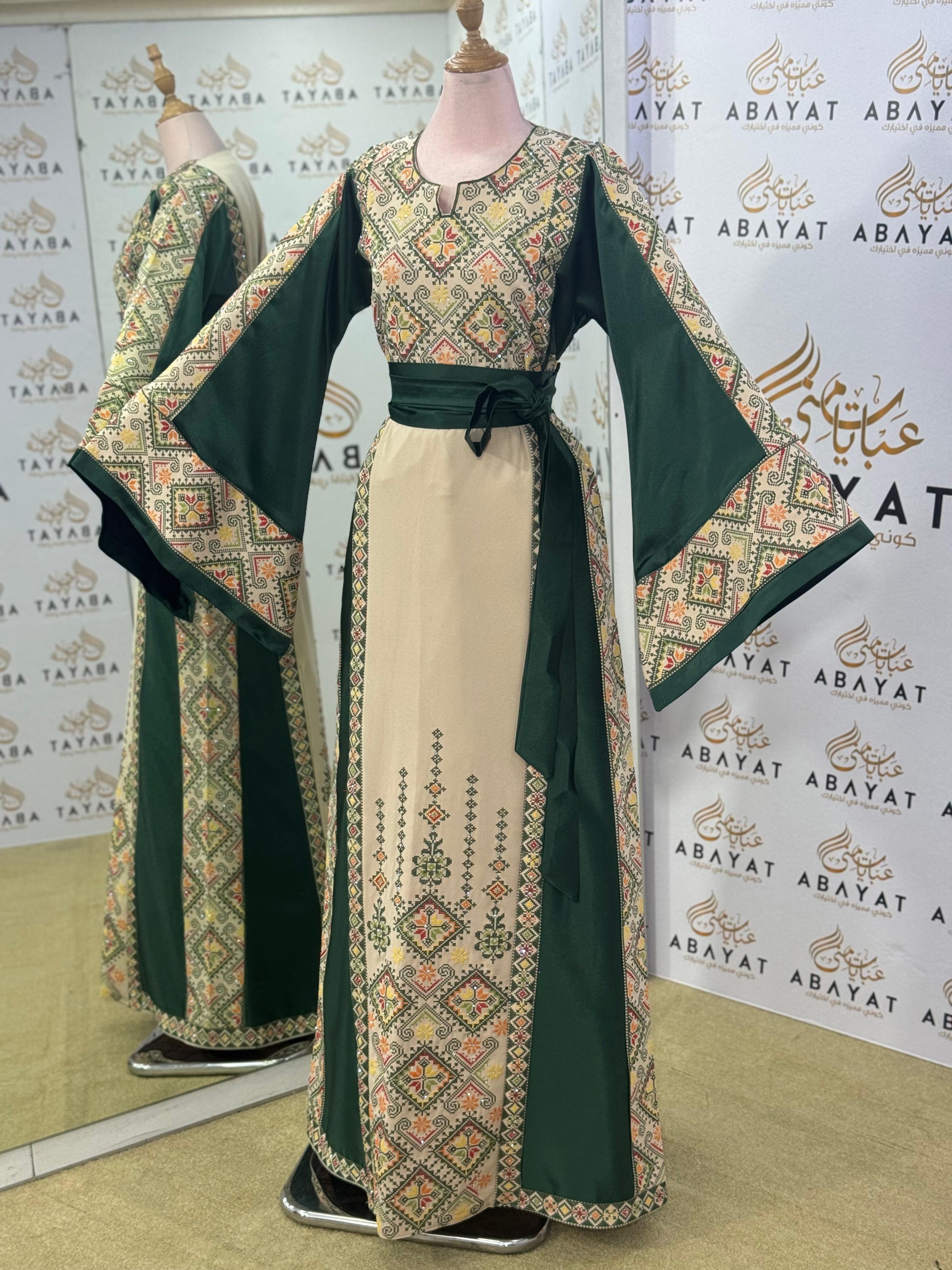 Emerald Heritage Palestinian Thobe – Forest Green & Cream
