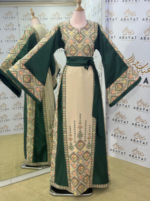 Emerald Heritage Palestinian Thobe – Forest Green & Cream