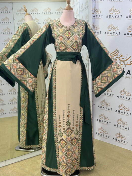Emerald Heritage Palestinian Thobe – Forest Green & Cream