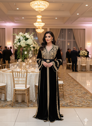 Midnight Black Royale Velvet Kuftan with Golden Embellished Detail