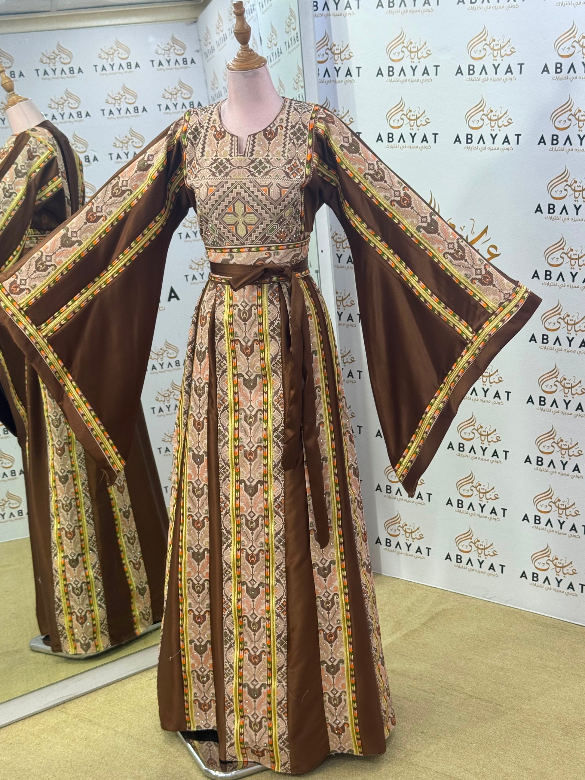 Mocha Brown Palestinian Embroidered Butterfly Sleeve Thobe