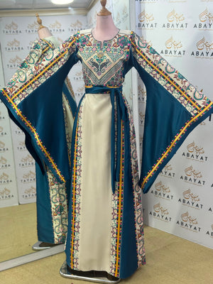 Petrol Blue & Ivory Palestinian Embroidered Butterfly Sleeve Thobe