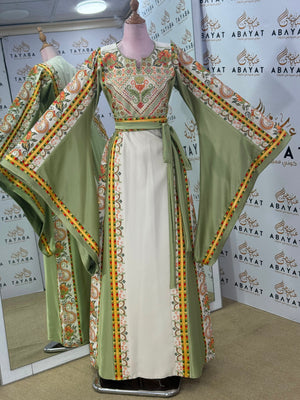 Sage Green & Ivory Palestinian Tatreez Butterfly Sleeve Thobe