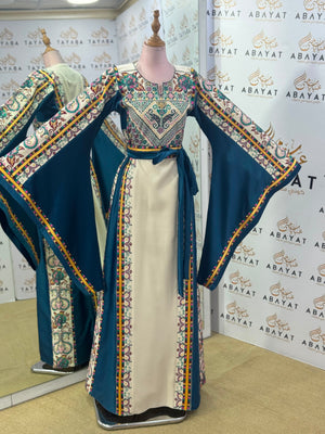 Petrol Blue & Ivory Palestinian Embroidered Butterfly Sleeve Thobe