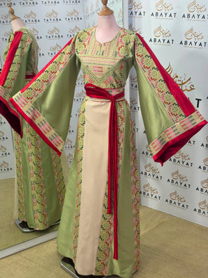 Ivory & Sage Green Palestinian Tatreez Thobe with Raspberry Accents