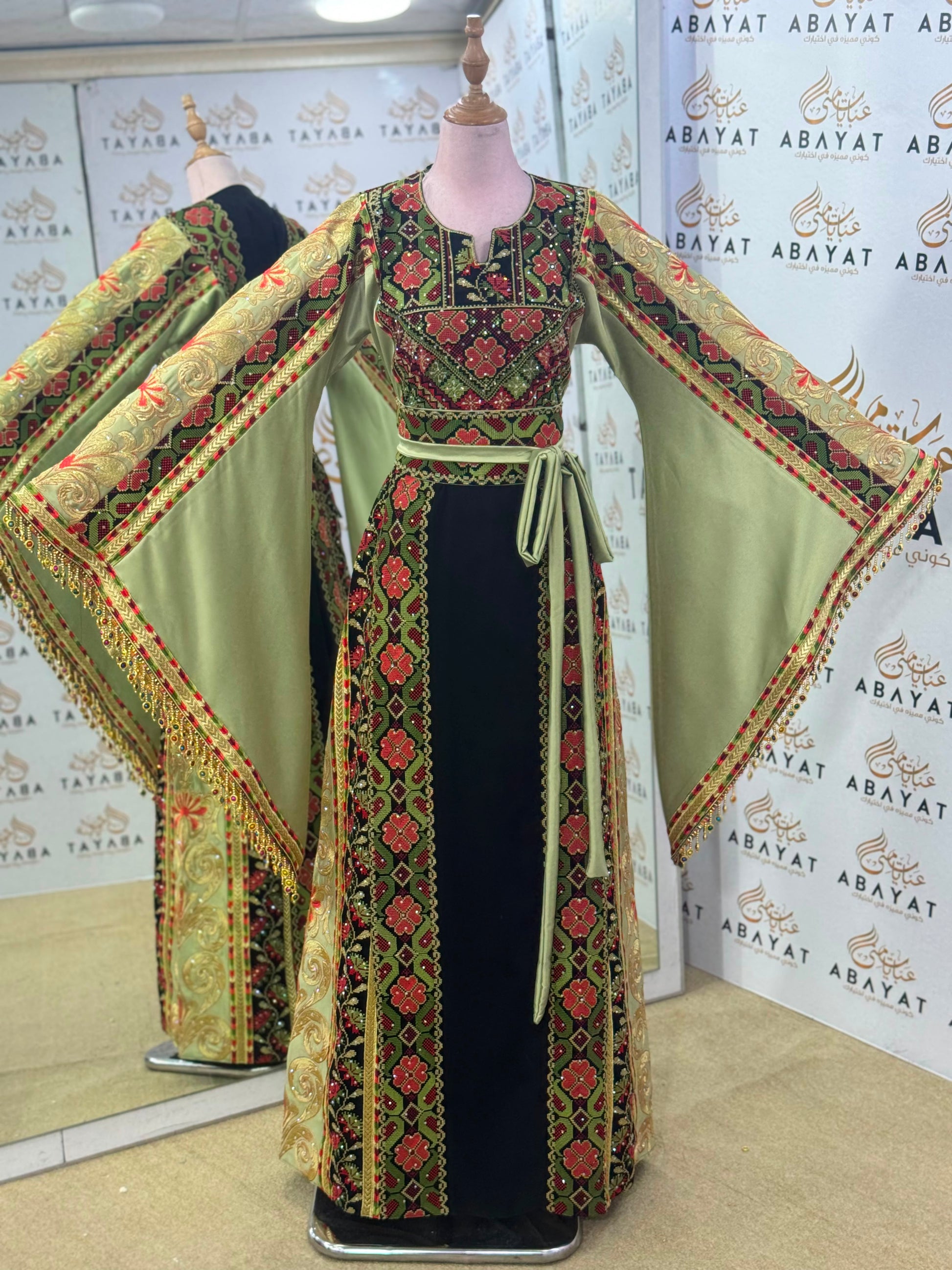 Olive Green & Black Palestinian Embroidered Butterfly Sleeve Thobe