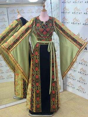 Olive Green & Black Palestinian Embroidered Butterfly Sleeve Thobe